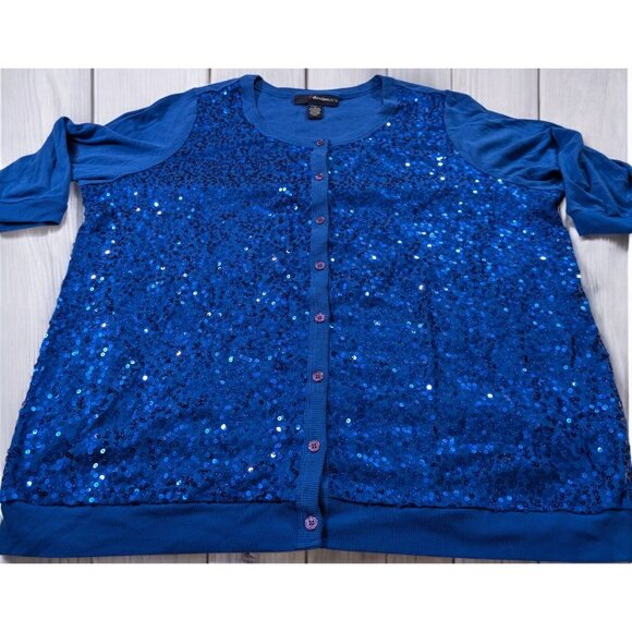 Denim 24/7 PLus Size 2X XX Sequined Blue Cardigan Sweater Button Front 3/4 Slvs - Picture 1 of 6